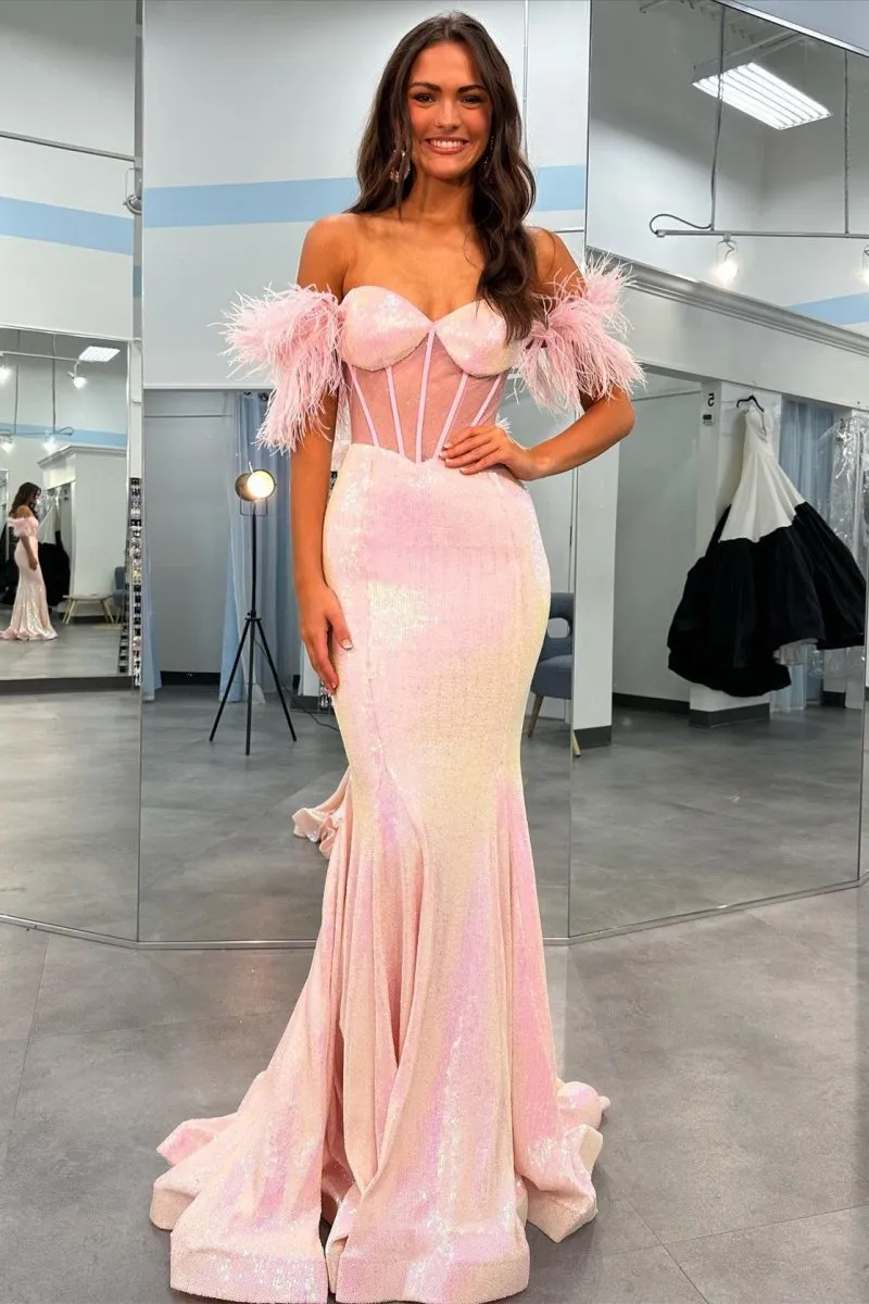 Sequin Feather Sheer Bodice Trumpet Long Gown