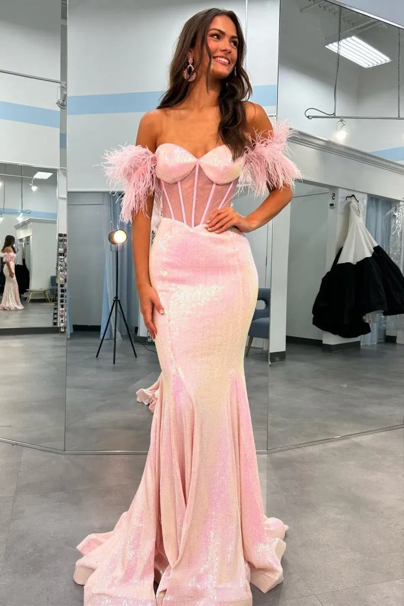 Sequin Feather Sheer Bodice Trumpet Long Gown