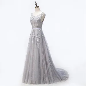 Sexy Backless Scoop Neckline Gray Lace Beaded Evening Prom Dresses, Popular Lace Party Prom Dresses, Custom Long Prom Dresses, Cheap Formal Prom Dresses, 17177
