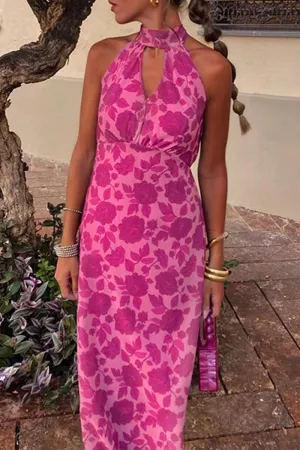 Sexy Celebrities Flowers Print Backless Halter One Step Skirt Dresses