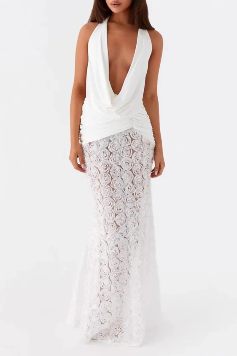 Sexy Flowers Lace Up Backless Halter Long Dresses