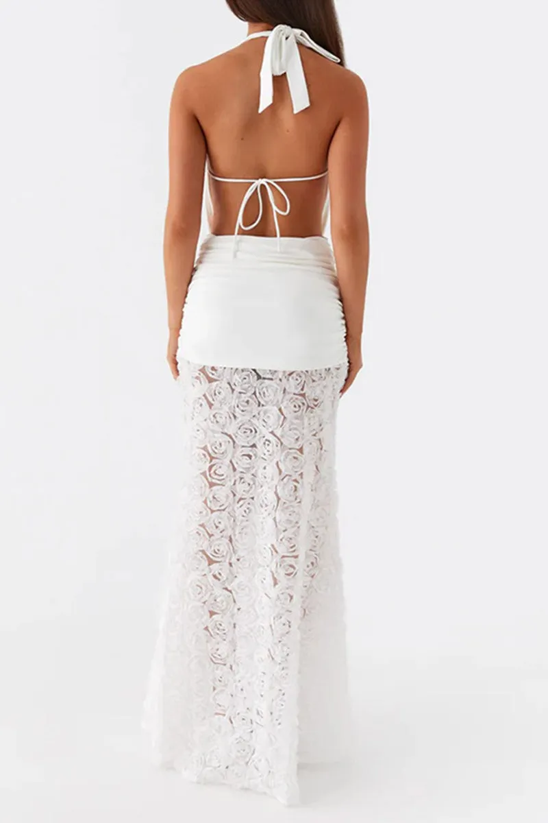 Sexy Flowers Lace Up Backless Halter Long Dresses