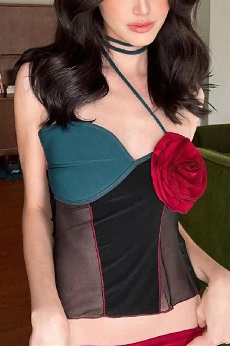 Sexy Flowers Patchwork Contrast Halter Tops
