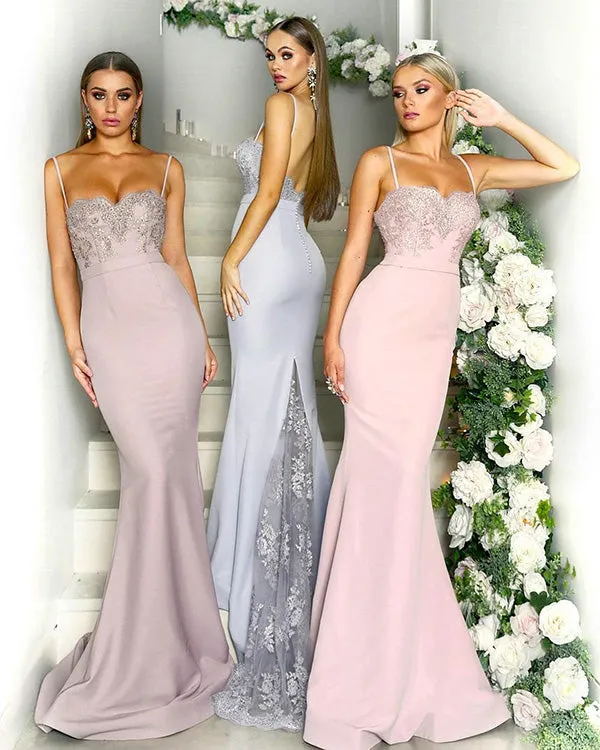 Sexy Lace Mermaid Bridesmaid Dresses Spaghetti Straps Sheer Lace Train Long Party Gown