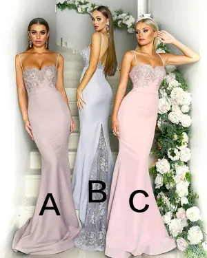Sexy Lace Mermaid Bridesmaid Dresses Spaghetti Straps Sheer Lace Train Long Party Gown