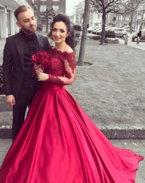 Sexy Lace Off the Shoulder Long Sleeves Red Prom Dresses