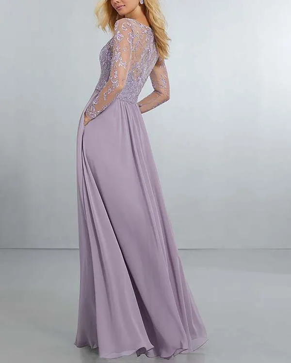 Sexy Sheer Long Sleeve Bridesmaid Dresses V-Neck Beadings Light Purple Chiffon Bridesmaid Dress