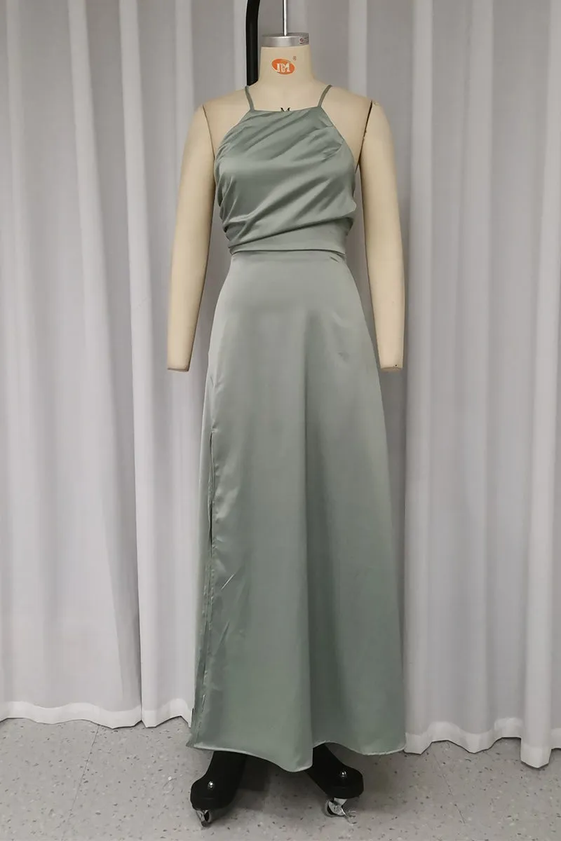 Sexy Solid Color Backless Slit Strap Design Halter Sleeveless Dresses