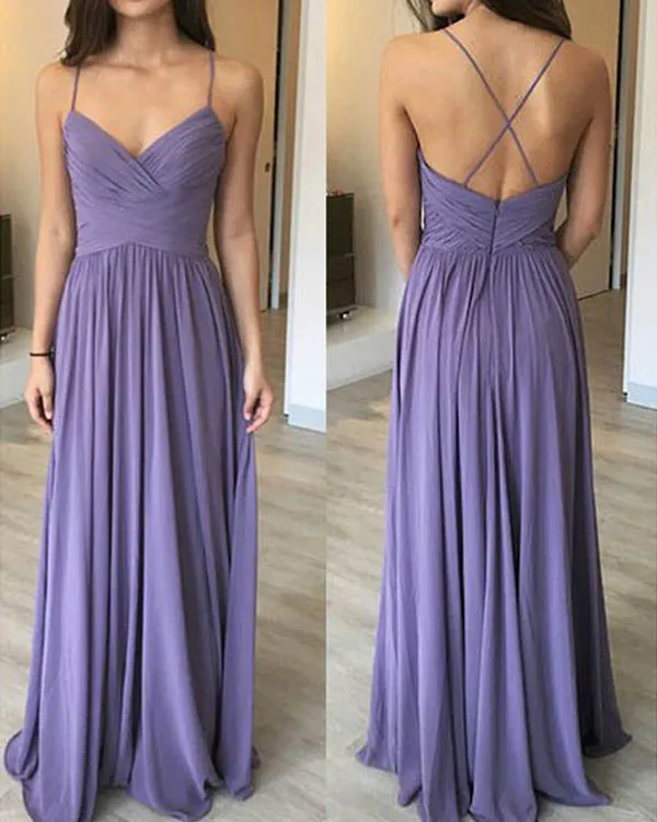 Sexy Spaghetti Straps Light Purple Chiffon Bridesmaid Dresses Ruffles Pleats Long Wedding Party Gowns