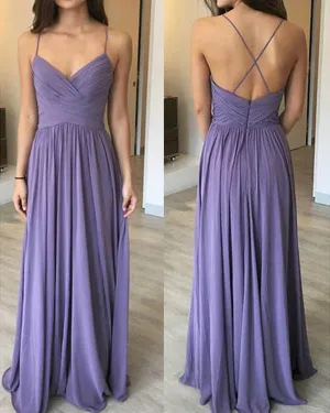 Sexy Spaghetti Straps Light Purple Chiffon Bridesmaid Dresses Ruffles Pleats Long Wedding Party Gowns