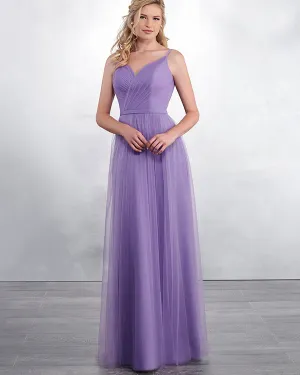 Sexy Spaghetti Straps Purple Tulle A-line Bridesmaid Dresses V-Neck Floor Length