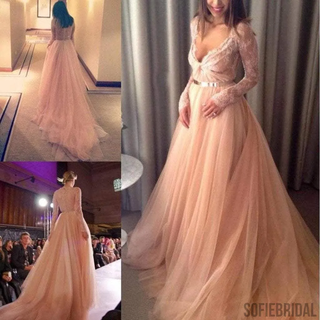 Sexy V-neck Long Sleeve Lace Long A-line Prom Dresses, Long Prom Dresses, PD0218