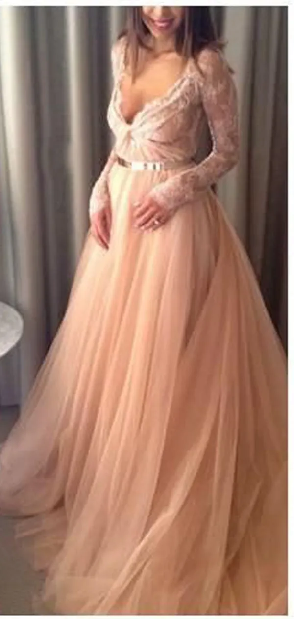 Sexy V-neck Long Sleeve Lace Long A-line Prom Dresses, Long Prom Dresses, PD0218