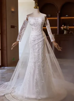 Sexy White Mermaid Lace Tulle Long Sleeve Wedding Dresses