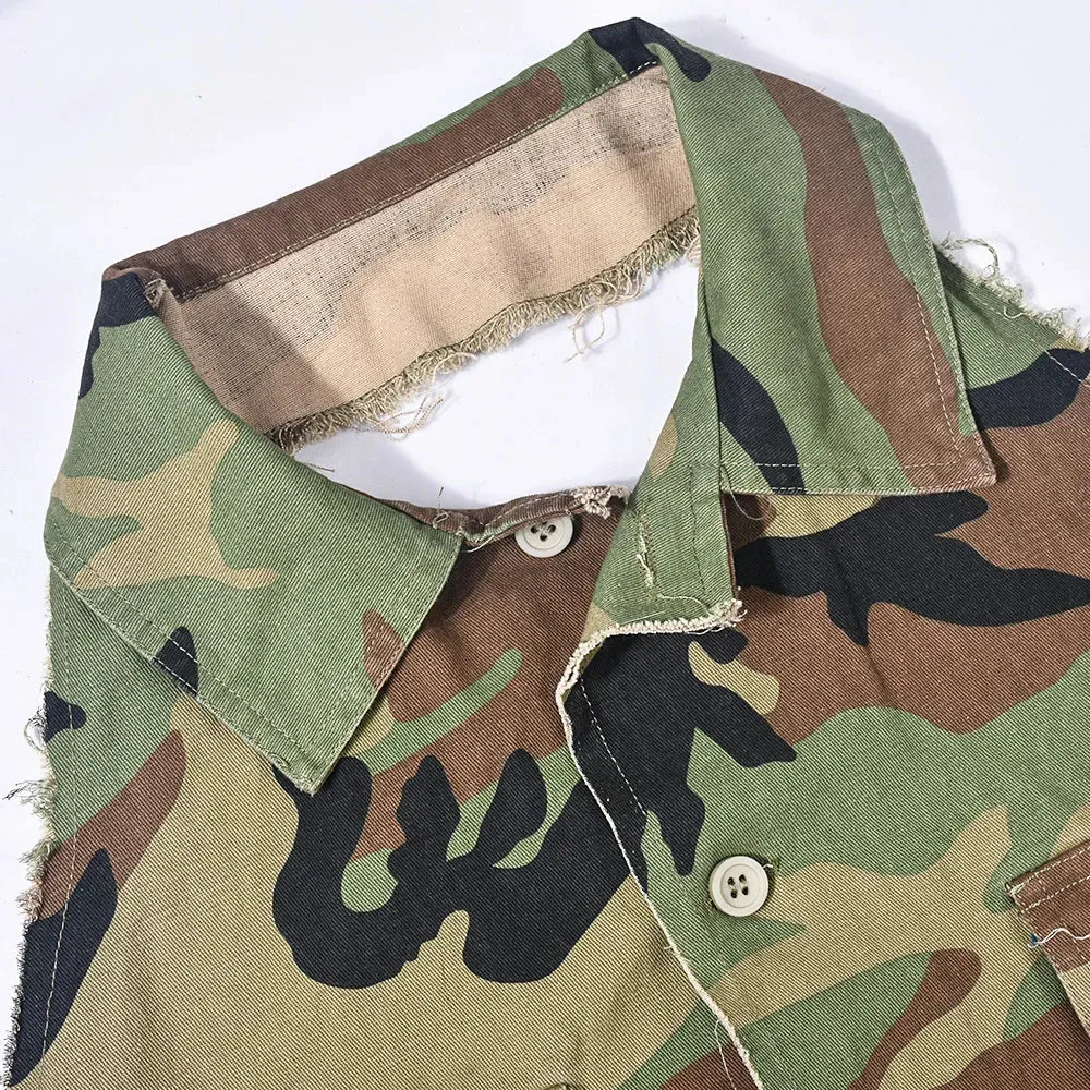 Sexy Women Camouflage Crop Tops Pocket Halter Backless Bandage Cargo Tank Vest Single Breasted Turn Down Collar Camo Bustier Top