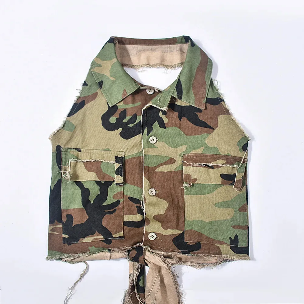 Sexy Women Camouflage Crop Tops Pocket Halter Backless Bandage Cargo Tank Vest Single Breasted Turn Down Collar Camo Bustier Top