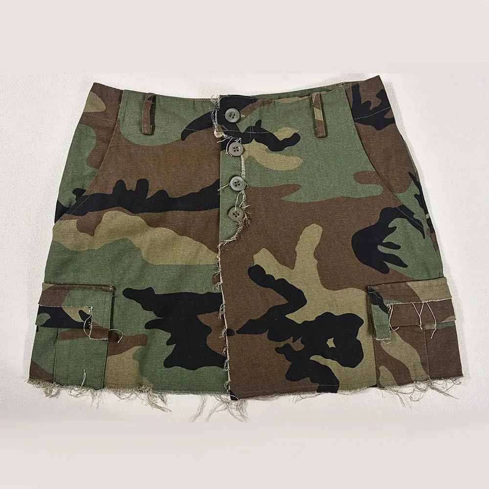 Sexy Women Camouflage Crop Tops Pocket Halter Backless Bandage Cargo Tank Vest Single Breasted Turn Down Collar Camo Bustier Top