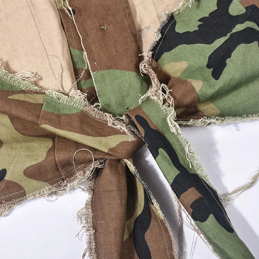 Sexy Women Camouflage Crop Tops Pocket Halter Backless Bandage Cargo Tank Vest Single Breasted Turn Down Collar Camo Bustier Top