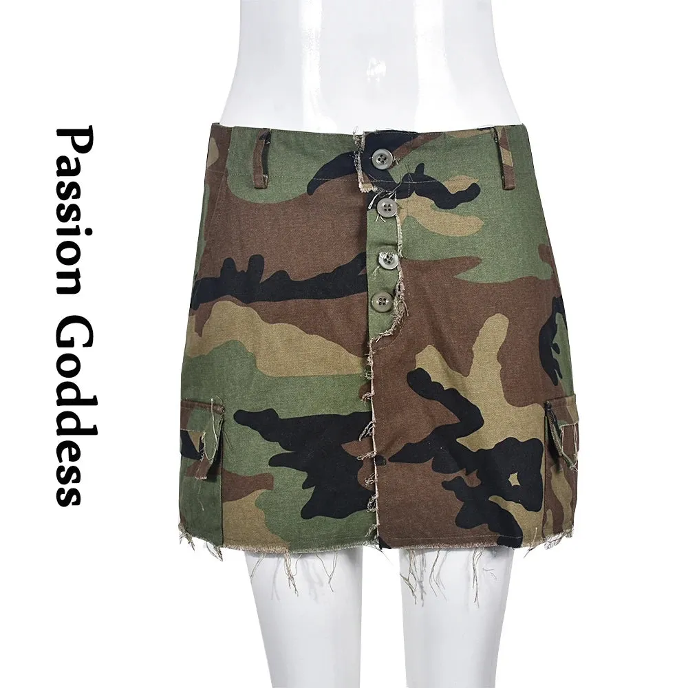Sexy Women Camouflage Crop Tops Pocket Halter Backless Bandage Cargo Tank Vest Single Breasted Turn Down Collar Camo Bustier Top
