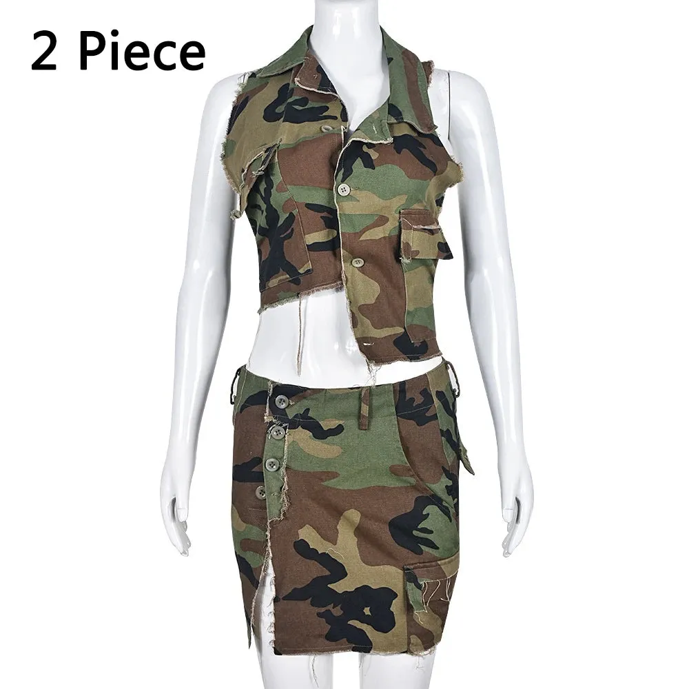 Sexy Women Camouflage Crop Tops Pocket Halter Backless Bandage Cargo Tank Vest Single Breasted Turn Down Collar Camo Bustier Top
