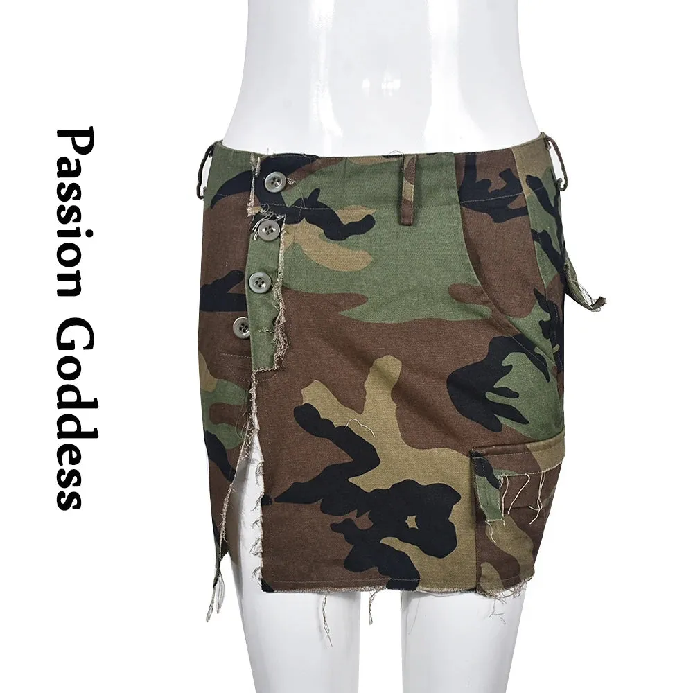 Sexy Women Camouflage Crop Tops Pocket Halter Backless Bandage Cargo Tank Vest Single Breasted Turn Down Collar Camo Bustier Top