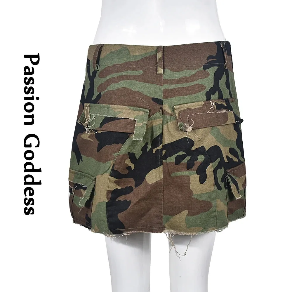 Sexy Women Camouflage Crop Tops Pocket Halter Backless Bandage Cargo Tank Vest Single Breasted Turn Down Collar Camo Bustier Top