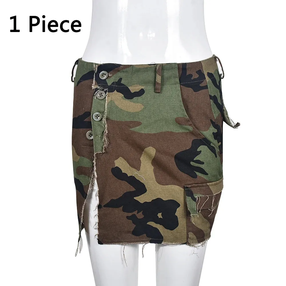 Sexy Women Camouflage Crop Tops Pocket Halter Backless Bandage Cargo Tank Vest Single Breasted Turn Down Collar Camo Bustier Top