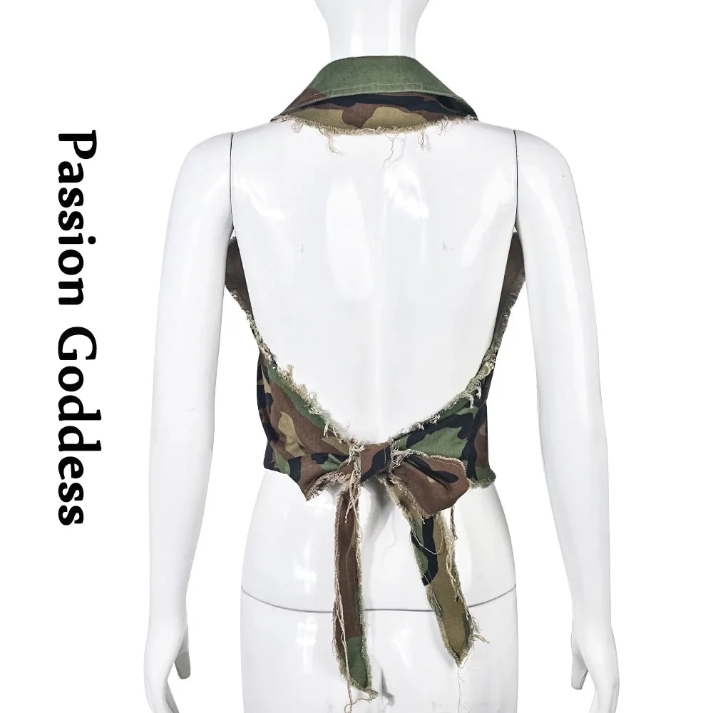 Sexy Women Camouflage Crop Tops Pocket Halter Backless Bandage Cargo Tank Vest Single Breasted Turn Down Collar Camo Bustier Top