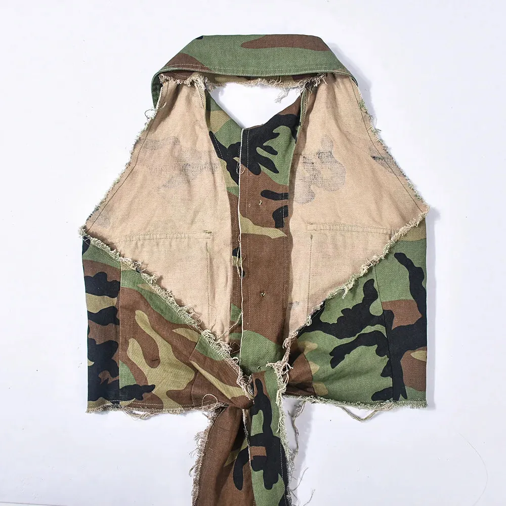 Sexy Women Camouflage Crop Tops Pocket Halter Backless Bandage Cargo Tank Vest Single Breasted Turn Down Collar Camo Bustier Top