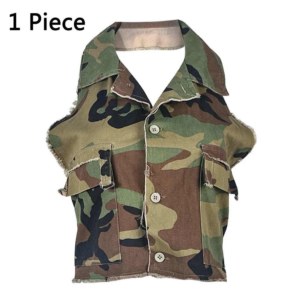 Sexy Women Camouflage Crop Tops Pocket Halter Backless Bandage Cargo Tank Vest Single Breasted Turn Down Collar Camo Bustier Top