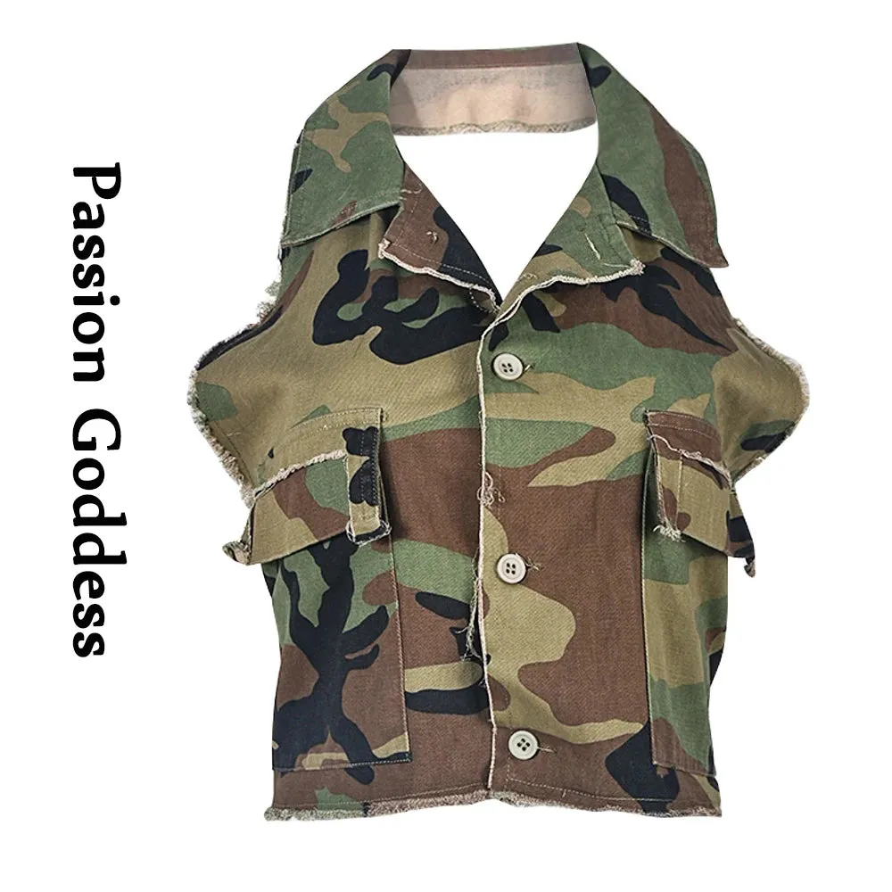 Sexy Women Camouflage Crop Tops Pocket Halter Backless Bandage Cargo Tank Vest Single Breasted Turn Down Collar Camo Bustier Top