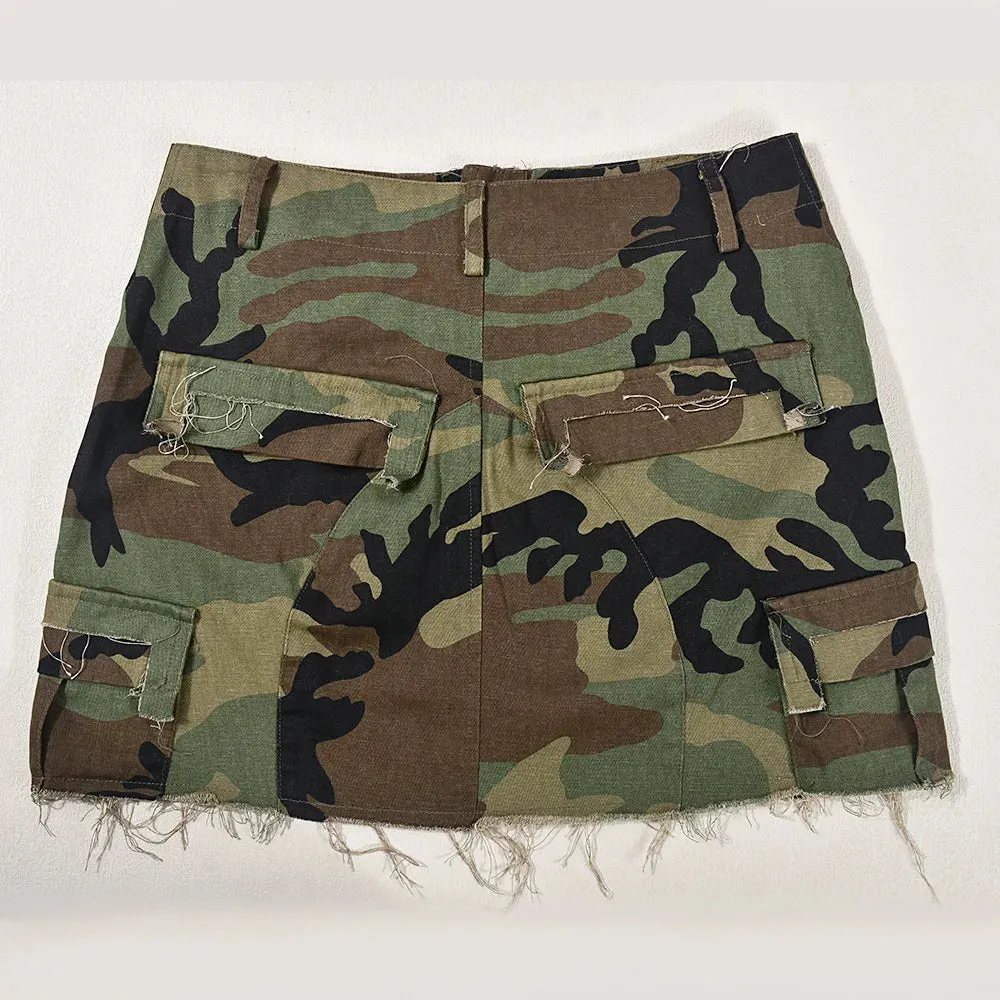 Sexy Women Camouflage Crop Tops Pocket Halter Backless Bandage Cargo Tank Vest Single Breasted Turn Down Collar Camo Bustier Top