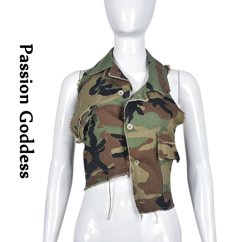 Sexy Women Camouflage Crop Tops Pocket Halter Backless Bandage Cargo Tank Vest Single Breasted Turn Down Collar Camo Bustier Top