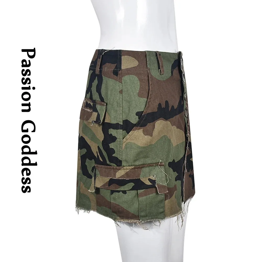 Sexy Women Camouflage Crop Tops Pocket Halter Backless Bandage Cargo Tank Vest Single Breasted Turn Down Collar Camo Bustier Top