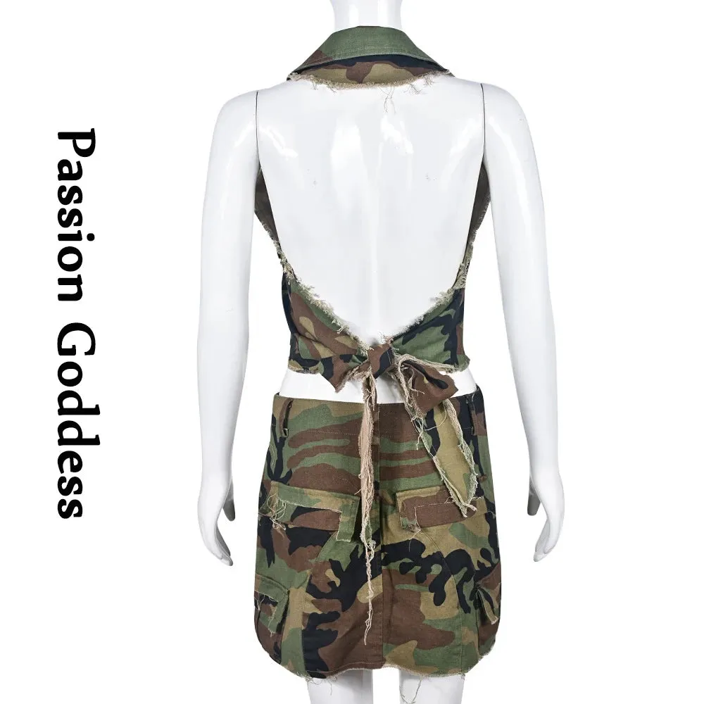 Sexy Women Camouflage Crop Tops Pocket Halter Backless Bandage Cargo Tank Vest Single Breasted Turn Down Collar Camo Bustier Top