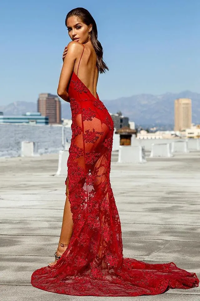 Sheath Deep V-neck Spaghetti Strap Floor Length Court Front Slit Backless Crochet Flower Evening Dress