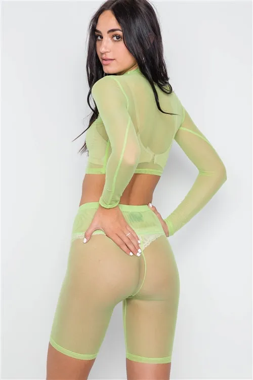 Sheer Top & Biker Shorts Set | Lime