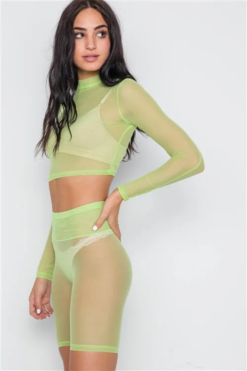 Sheer Top & Biker Shorts Set | Lime