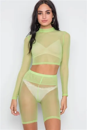 Sheer Top & Biker Shorts Set | Lime
