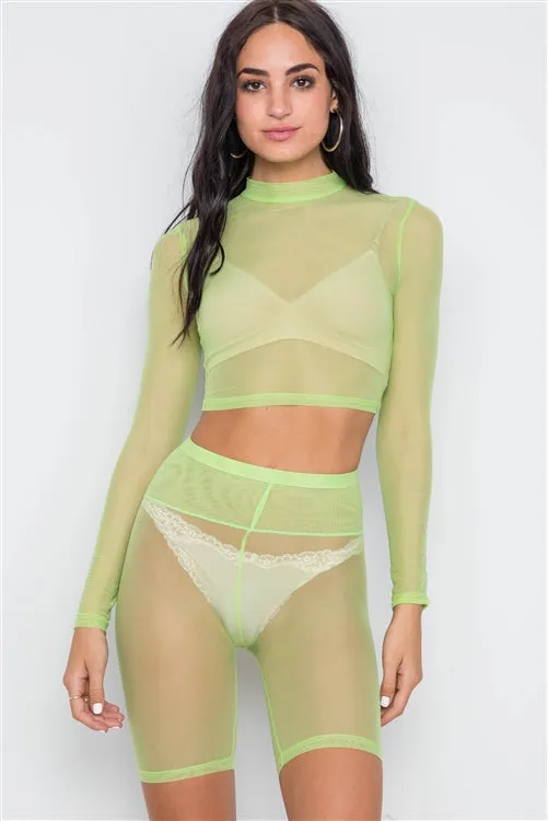 Sheer Top & Biker Shorts Set | Lime