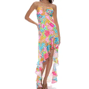 SHE'S CUTE - Drawstring Halter Asymmetrical Ruffle Dress