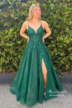 Shiny Dark Green A-line V-neck Lace Appliques Long Prom Dresses, MP983
