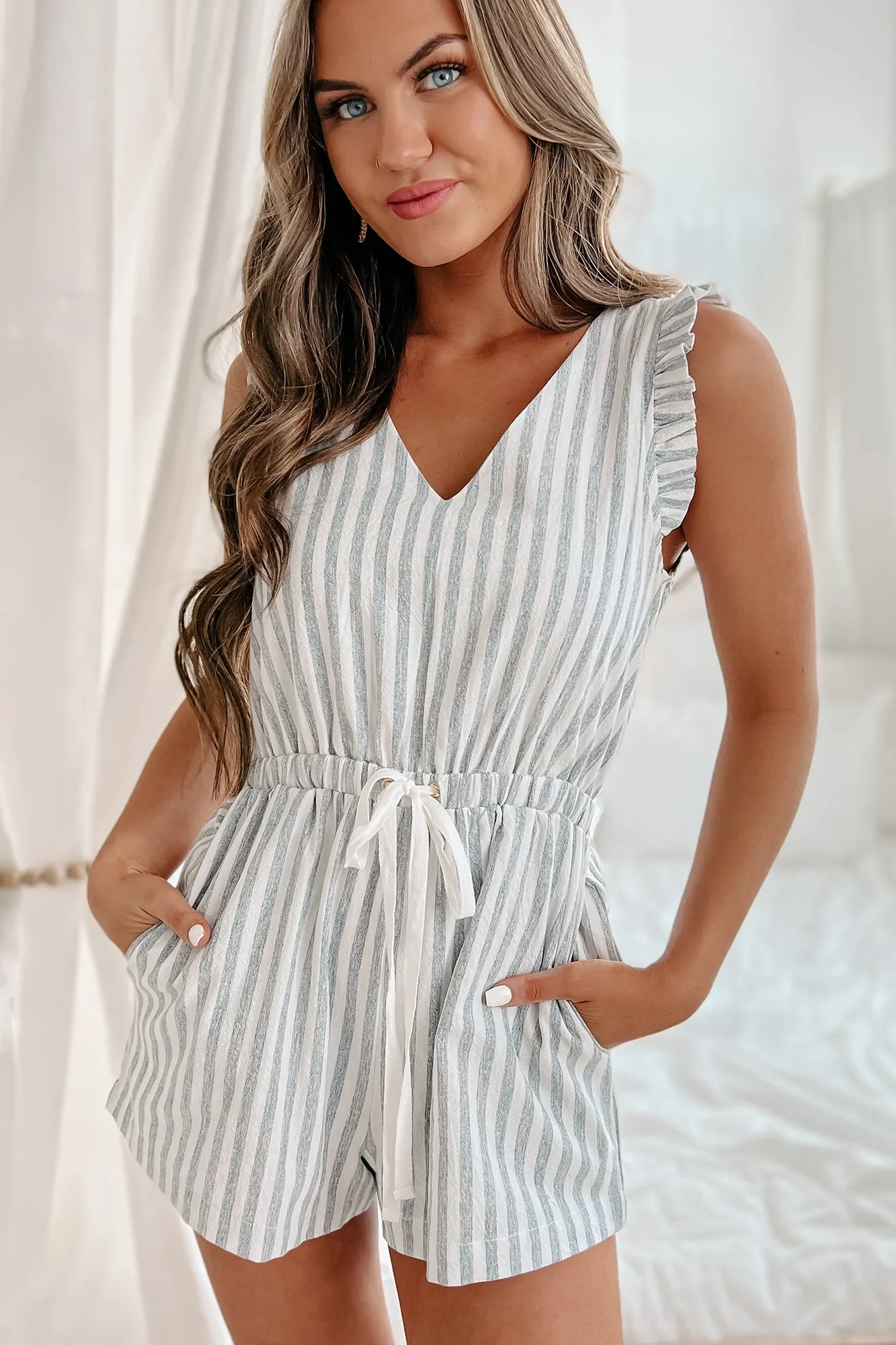Shoreline Secrets Striped Drawstring Romper (Navy)
