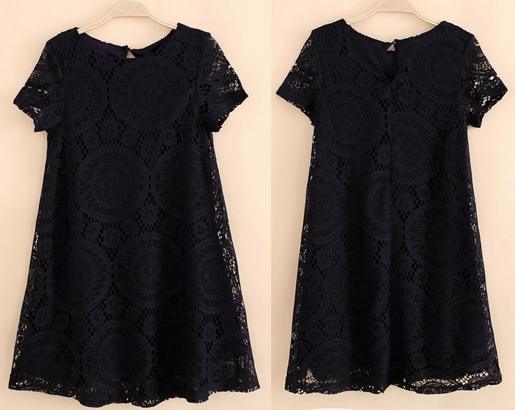 Short Sleeve A-Line Hollow Out Lace Dress  Multiple Colors