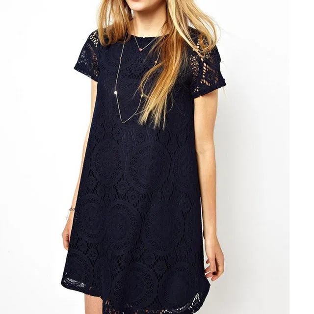 Short Sleeve A-Line Hollow Out Lace Dress  Multiple Colors