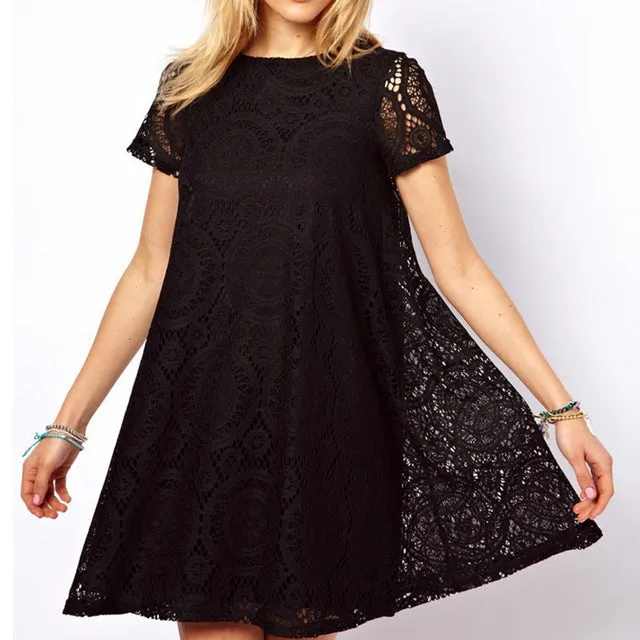 Short Sleeve A-Line Hollow Out Lace Dress  Multiple Colors