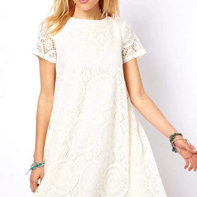Short Sleeve A-Line Hollow Out Lace Dress  Multiple Colors
