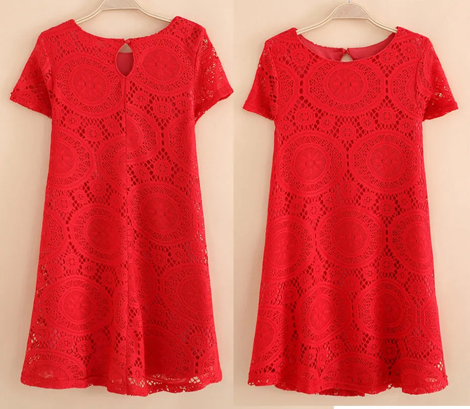 Short Sleeve A-Line Hollow Out Lace Dress  Multiple Colors