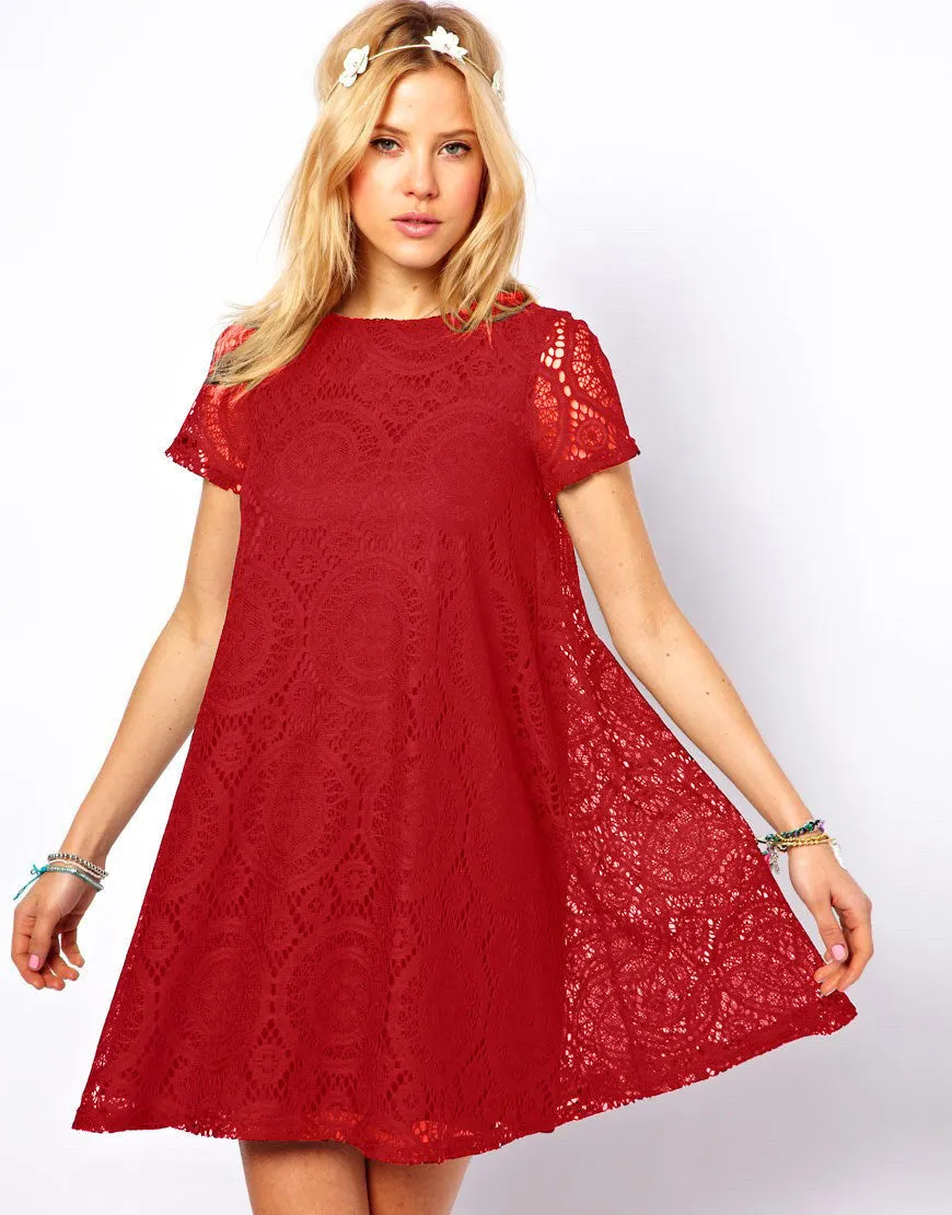 Short Sleeve A-Line Hollow Out Lace Dress  Multiple Colors