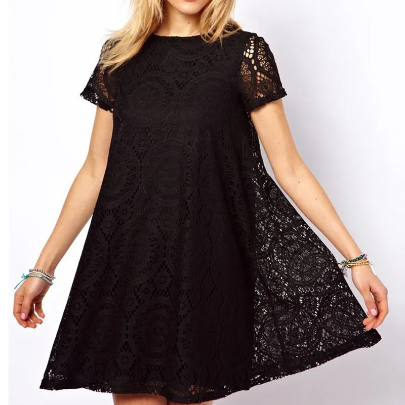 Short Sleeve A-Line Hollow Out Lace Dress  Multiple Colors